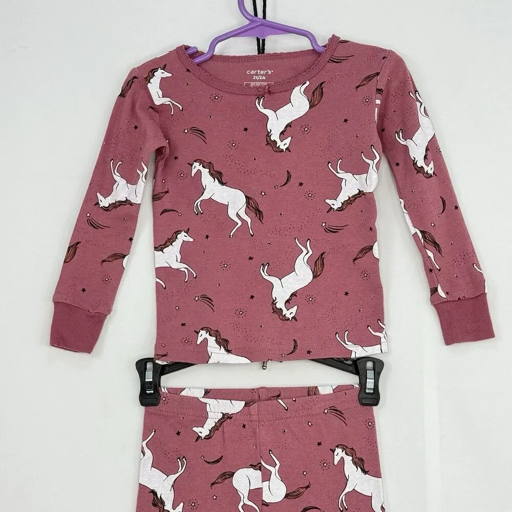 Carter's PJ Set Long Sleeve Shirt & Pants Set Unicorn Pink Girls Toddler 2T/2A
